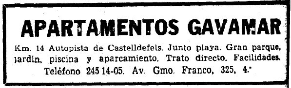 Anuncio de los apartamentos GAVAMAR de Gav� Mar publicado en el diario LA VANGUARDIA (6 de Abril de 1966)